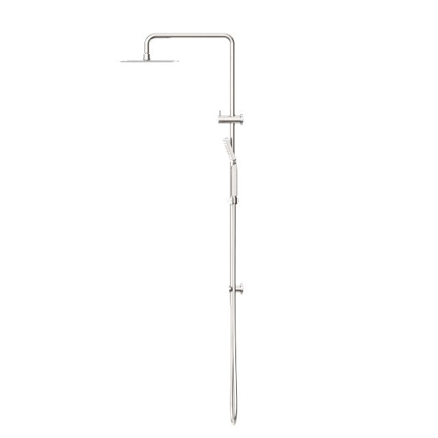 Nero Square Project twin shower in brushed nickel, with overhead round rose and adjustable handset on wall rail