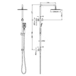 Nero Square Project twin shower in brushed nickel, technical drawing showing rail, overhead shower and handset dimensions