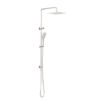 Nero Square Project twin shower in brushed nickel, with square overhead shower head and handheld rail on white background