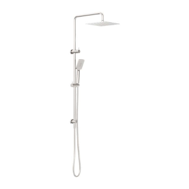 Nero Square Project twin shower in brushed nickel, with square overhead shower head and handheld rail on white background