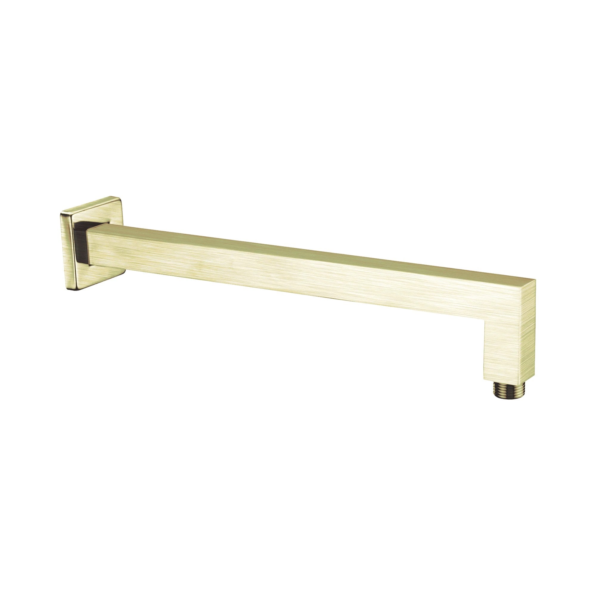 Nero square shower arm in brushed gold, wall-mounted brass L-shape with square wall plate
