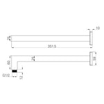 Technical drawing of Nero Square Shower Arm in chrome, showing 351.5mm L-shaped wall-mounted dimensions and G1/2 connection