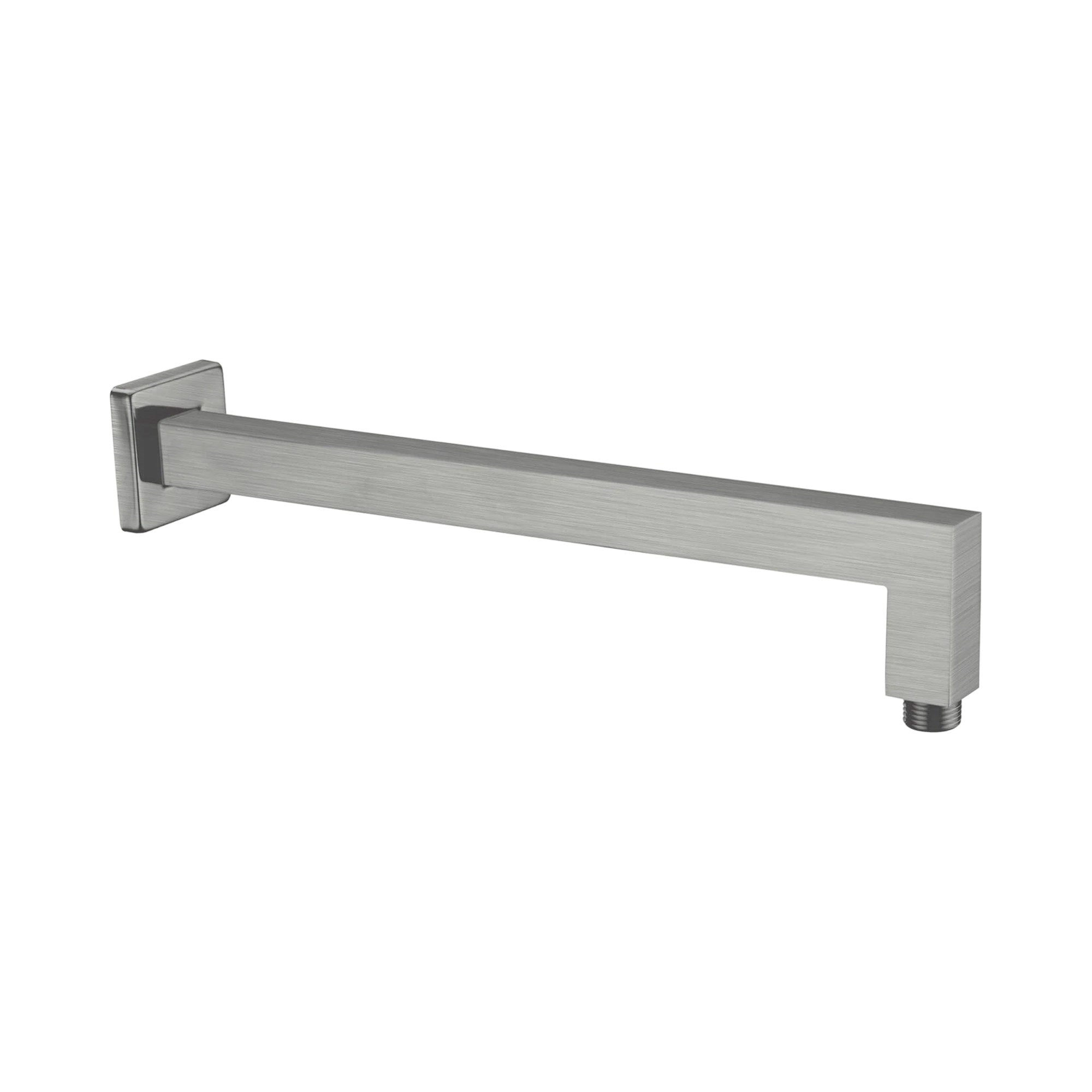 Nero Square Shower Arm in gun metal, square wall-mounted brass shower arm with plate, front angle view