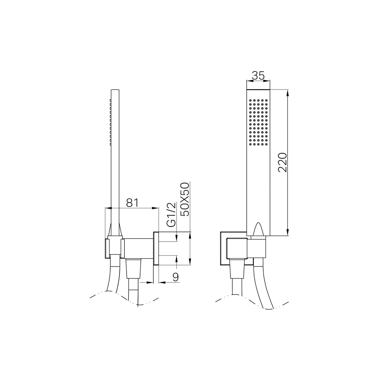 Technical drawing of Nero square chrome hand shower on wall bracket, showing side and front views with dimensions.