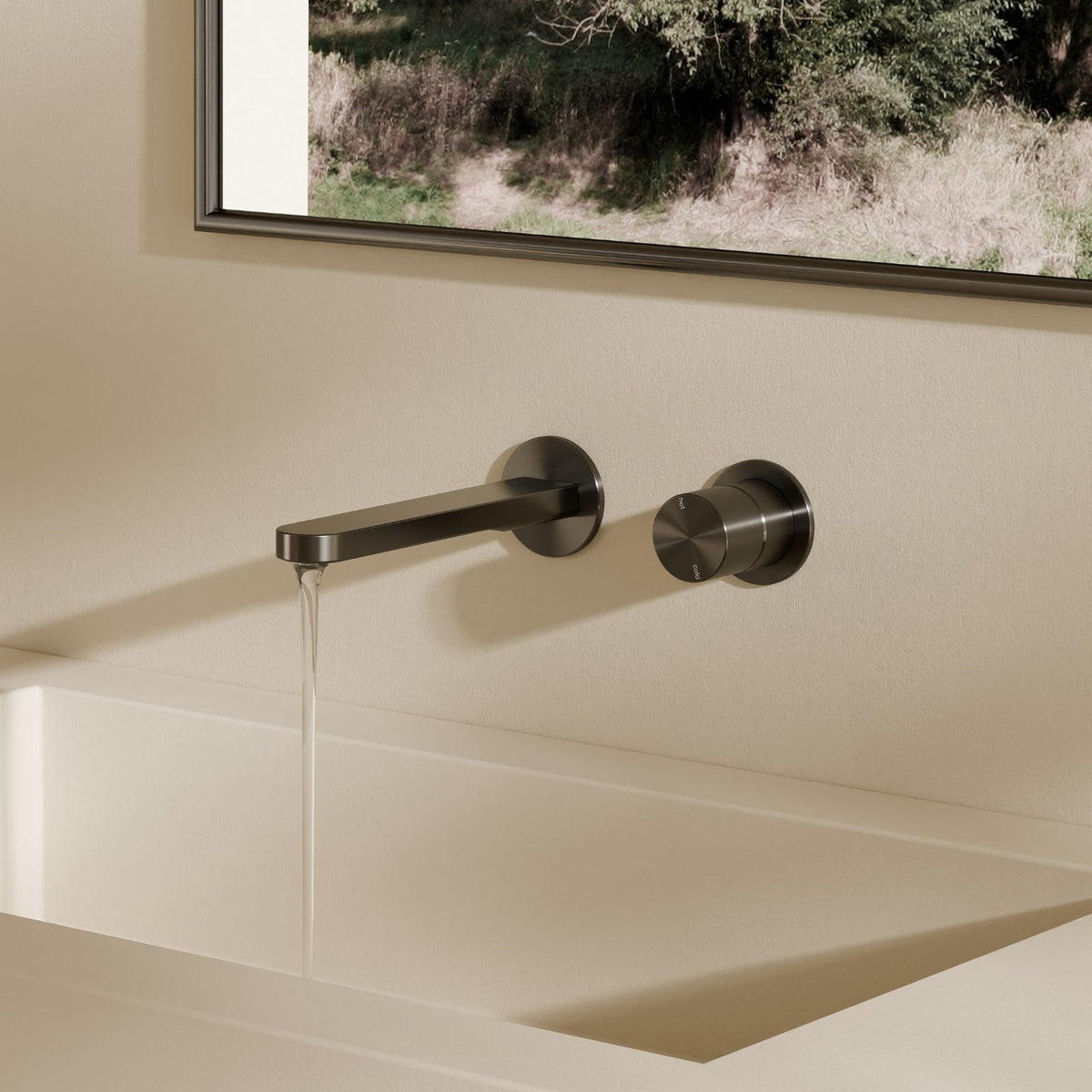 Nero Pure shower mixer and wall spout in graphite, wall-mounted with round plates in a modern bathroom setting