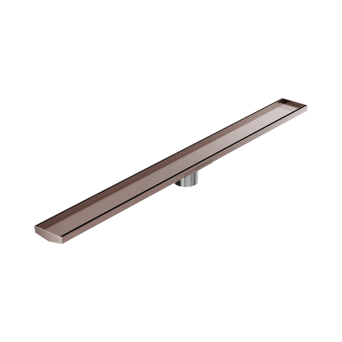 Nero tile insert V channel floor grate in brushed bronze, long rectangular shower drain with 80mm outlet