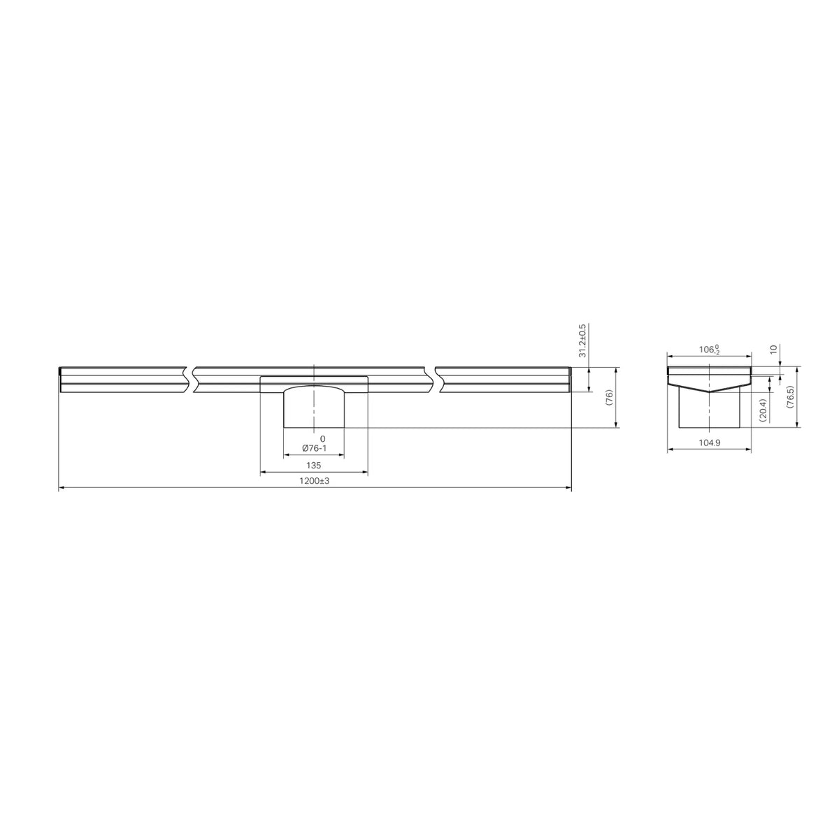 Technical drawing of Nero tile insert V channel floor grate, 1200mm x 106mm, brushed bronze, 80mm outlet