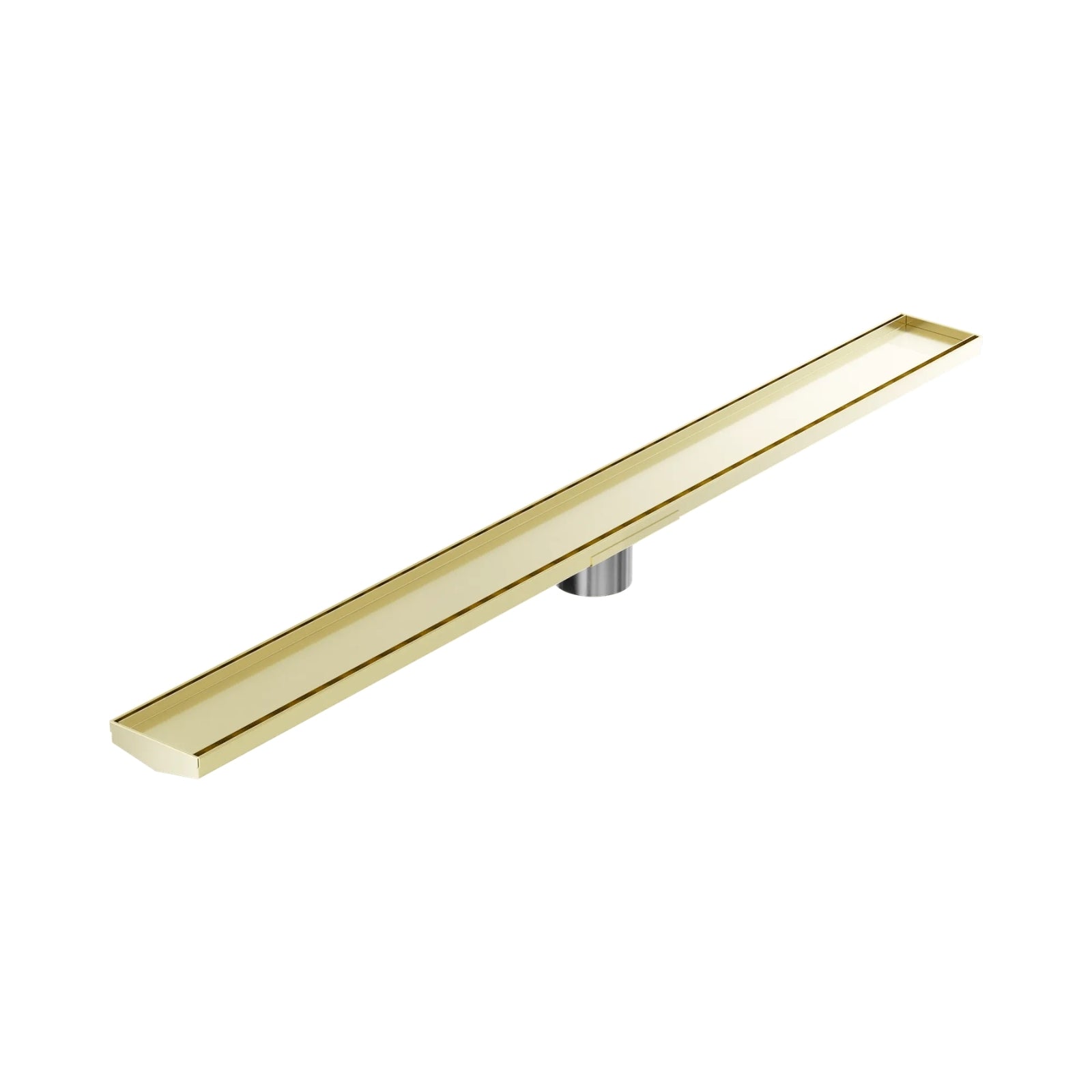 Nero V channel tile insert floor grate in brushed gold, long linear drain with 80mm outlet, isolated on white