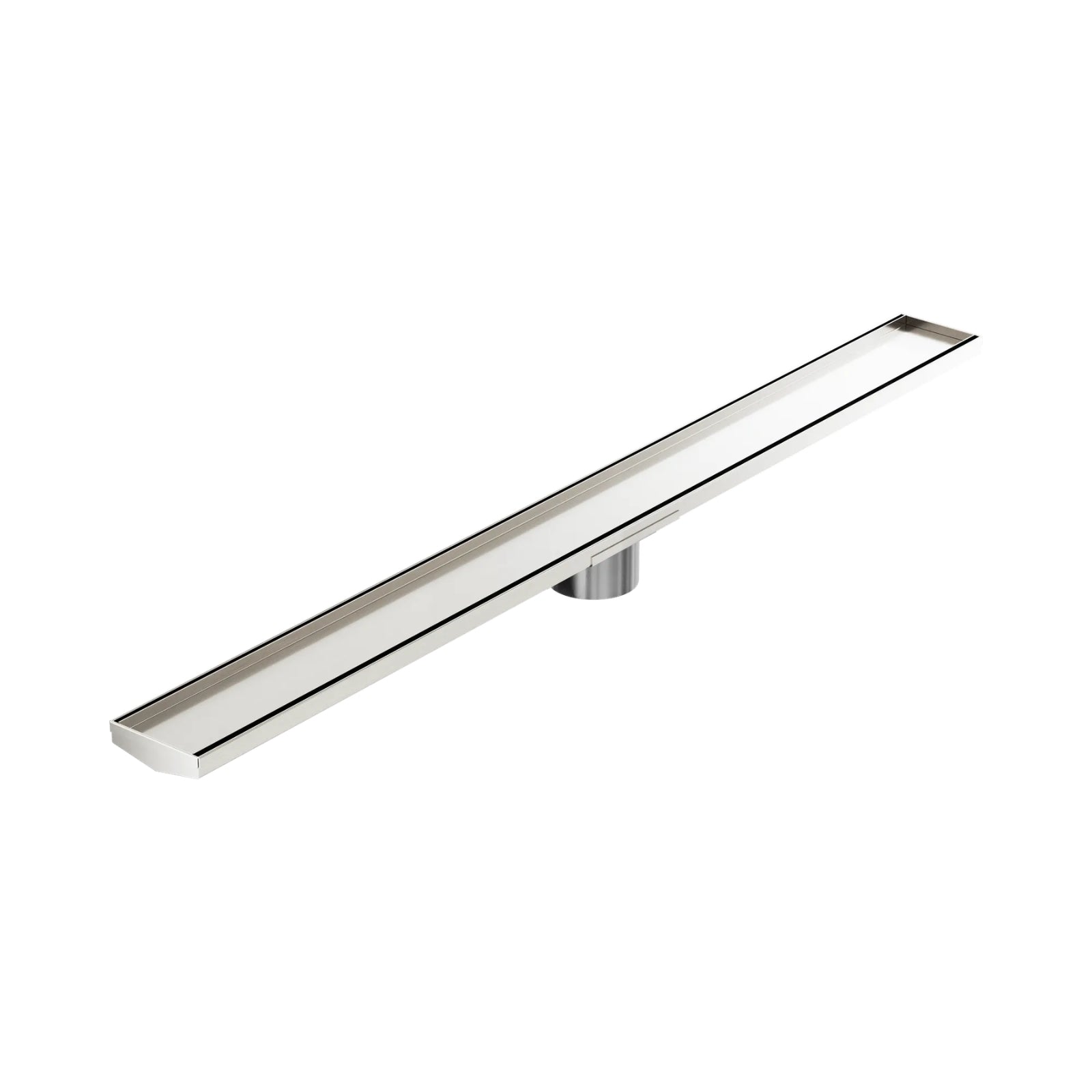 Nero brushed nickel tile insert V channel floor grate, long rectangular stainless steel shower drain with outlet view