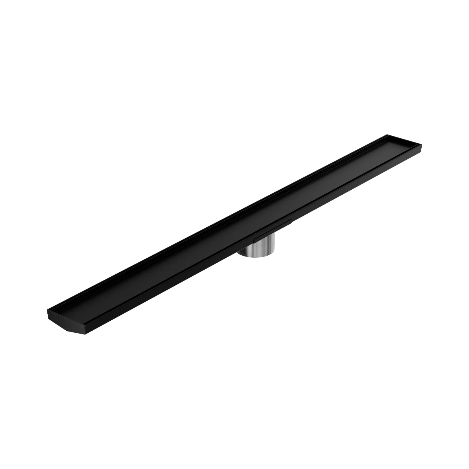 Nero matte black tile insert V channel floor grate with 90mm outlet, long rectangular shower drain view