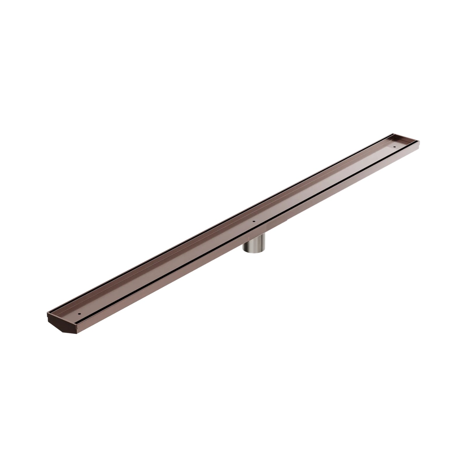 Nero brushed bronze tile insert V channel floor grate with 50mm outlet, shown angled on white background