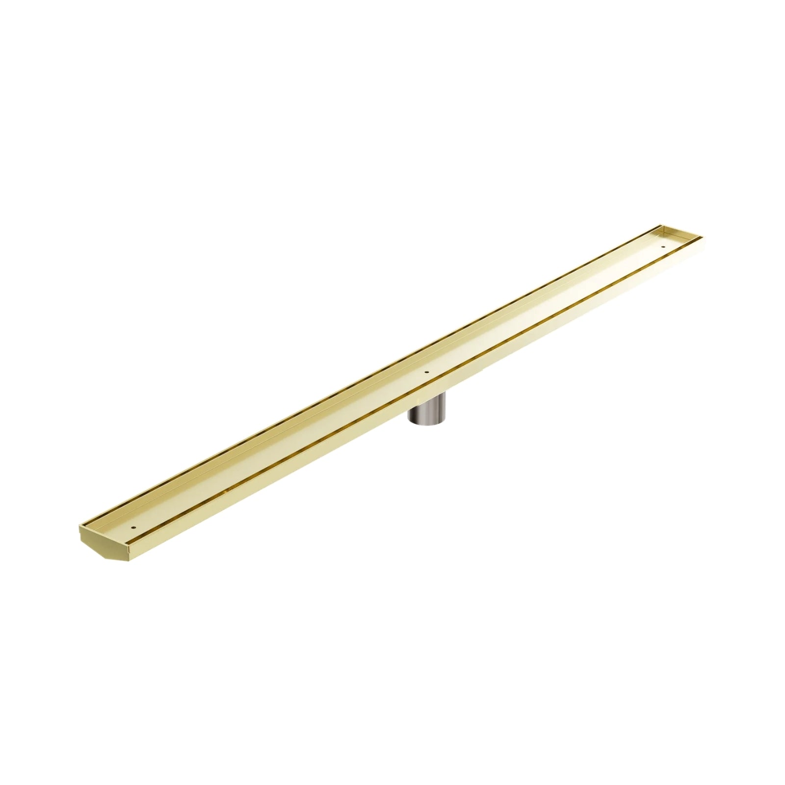 Nero brushed gold tile insert floor grate, long V-channel shower drain with 50mm outlet on white background