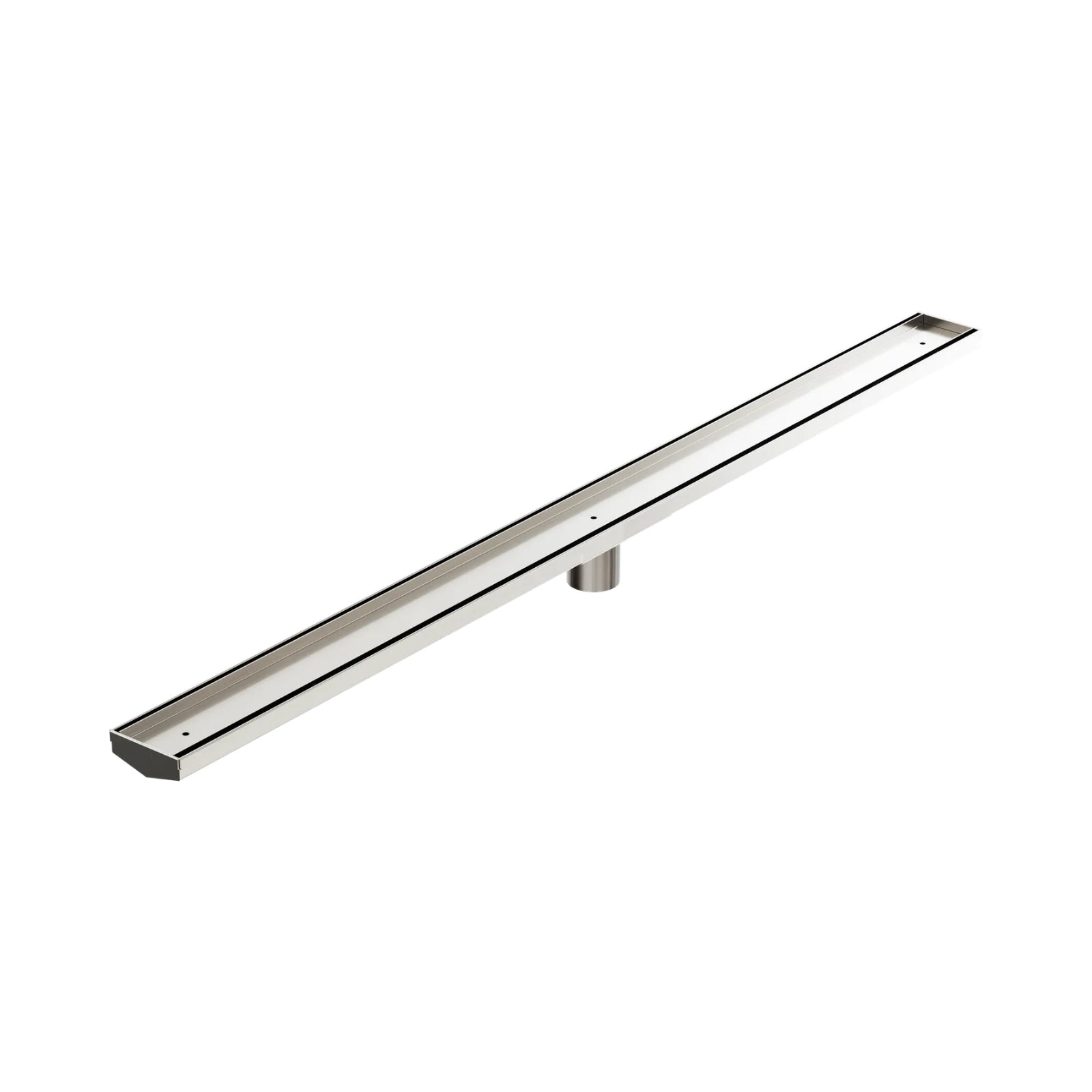 Nero brushed nickel tile insert channel floor grate with 50mm outlet, long linear stainless steel drain on white background