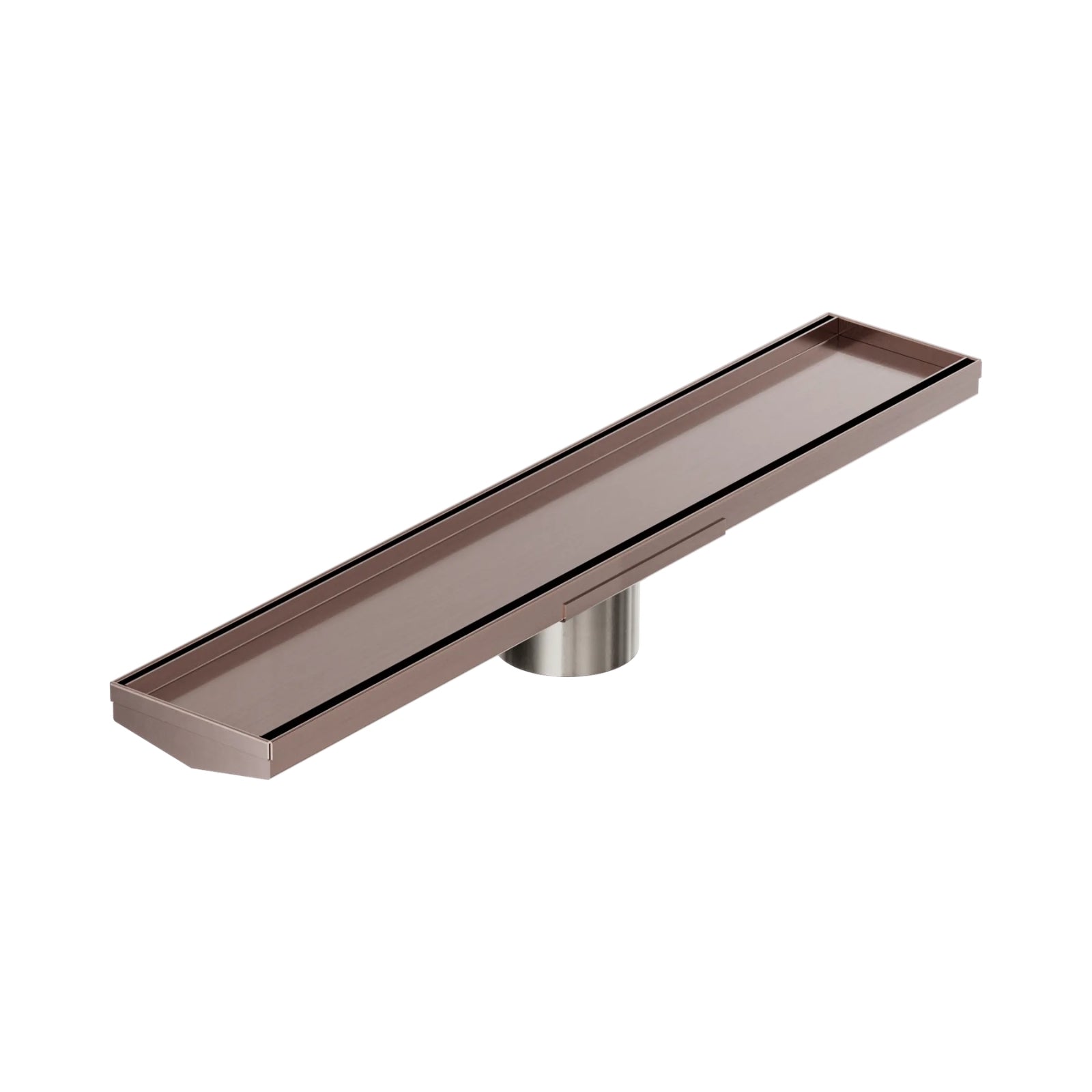 Nero tile insert V channel floor grate in brushed bronze with 80mm outlet, angled view