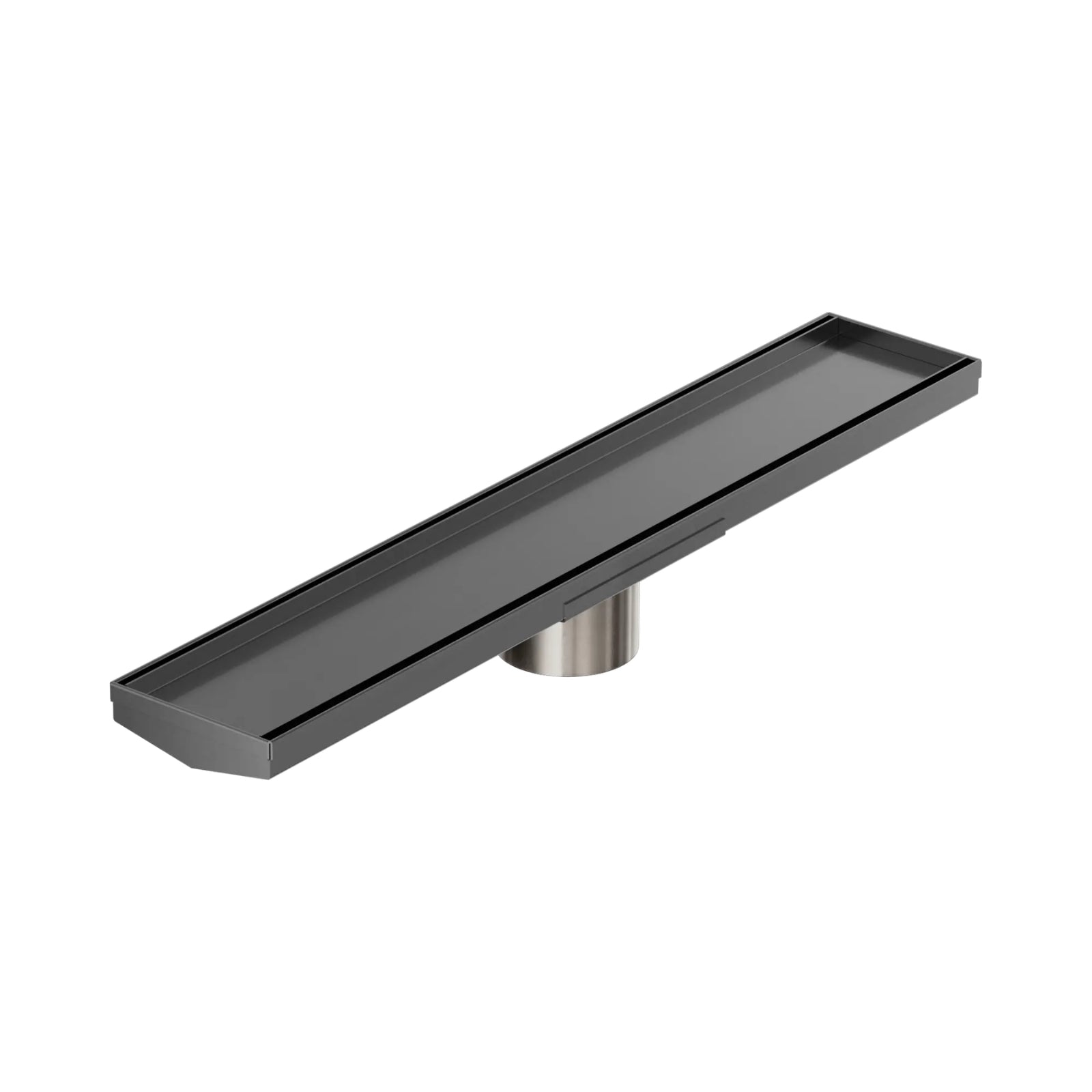 Nero tile insert floor grate, 600mm, gun metal, with 80mm outlet, shown angled on white background