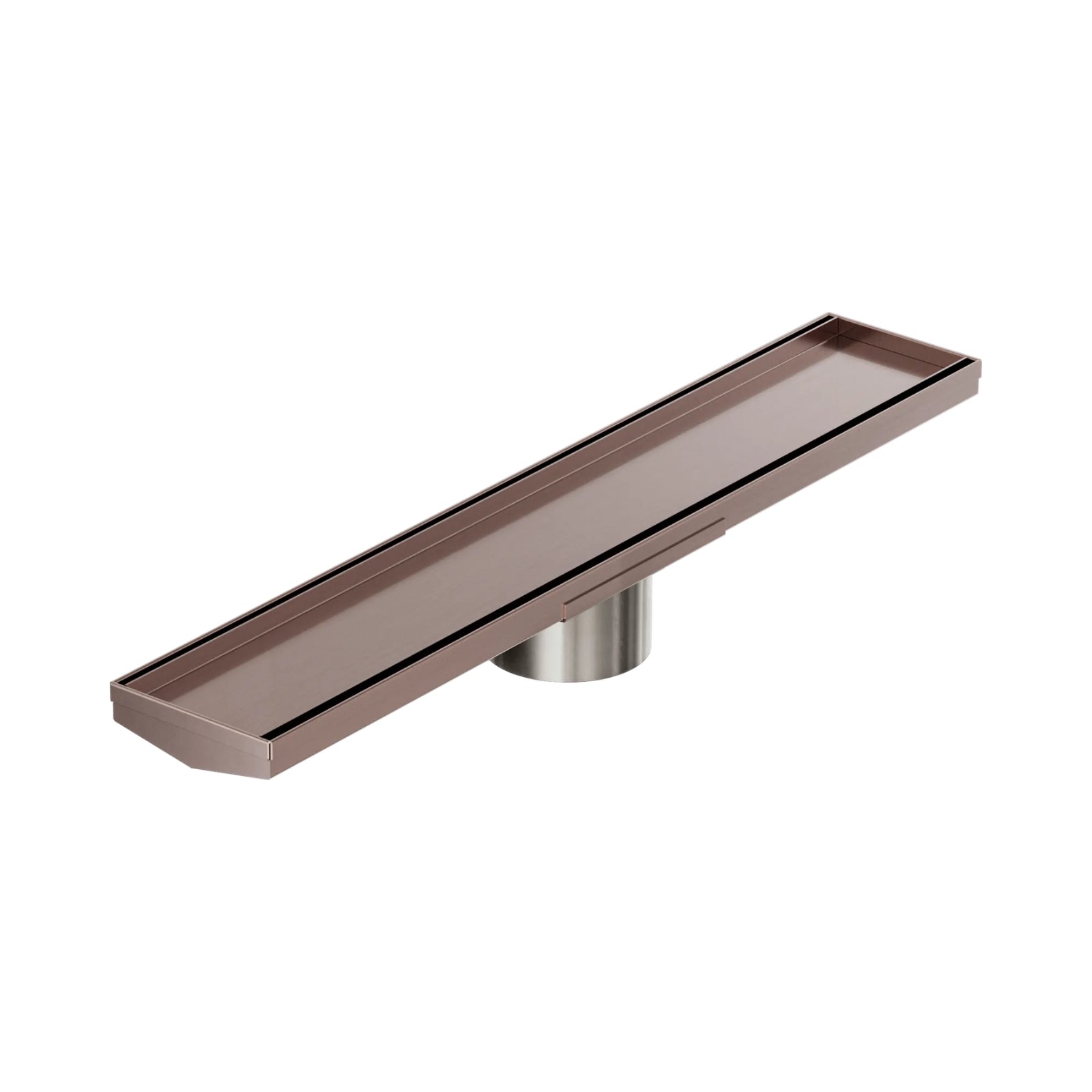 Nero tile insert V channel floor grate, brushed bronze, 600mm x 106mm with 90mm outlet, angled view