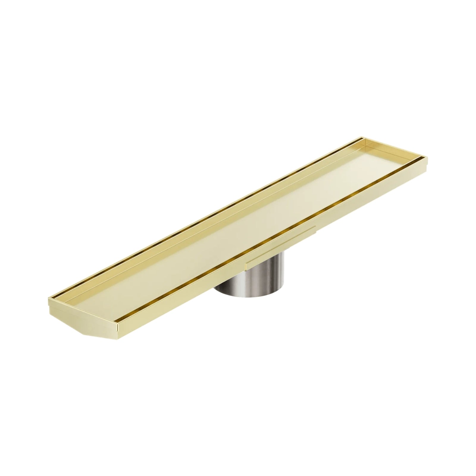 Nero Tile Insert V Channel floor grate in brushed gold, long rectangular stainless steel drain with 90mm outlet view
