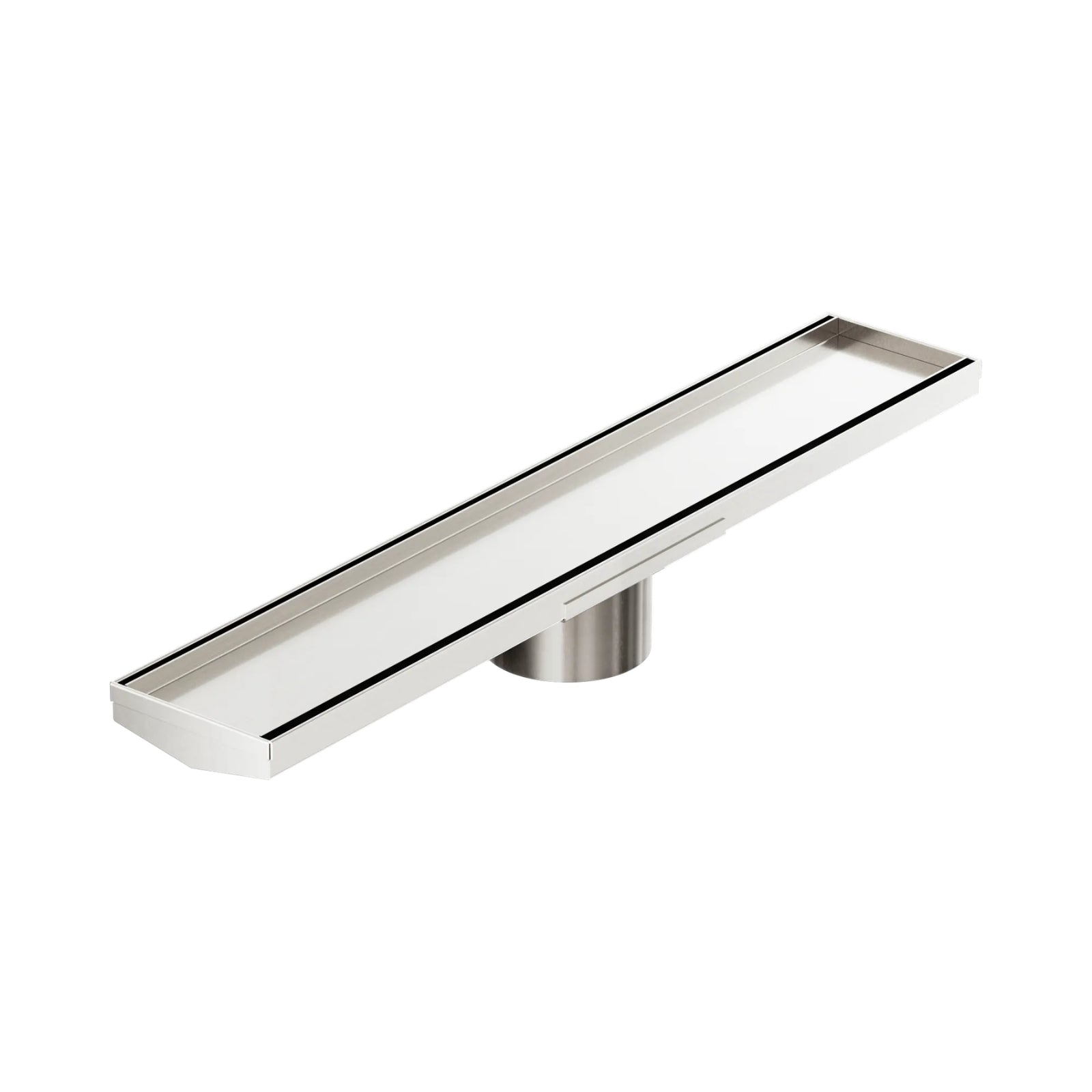Nero Tile Insert V Channel floor grate, brushed nickel stainless steel, rectangular 600mm with 90mm outlet, angled view