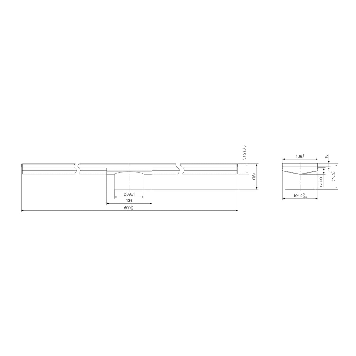 Technical drawing of Nero Tile Insert V channel floor grate, 600 x 106mm, with 90mm outlet dimensions in gun metal