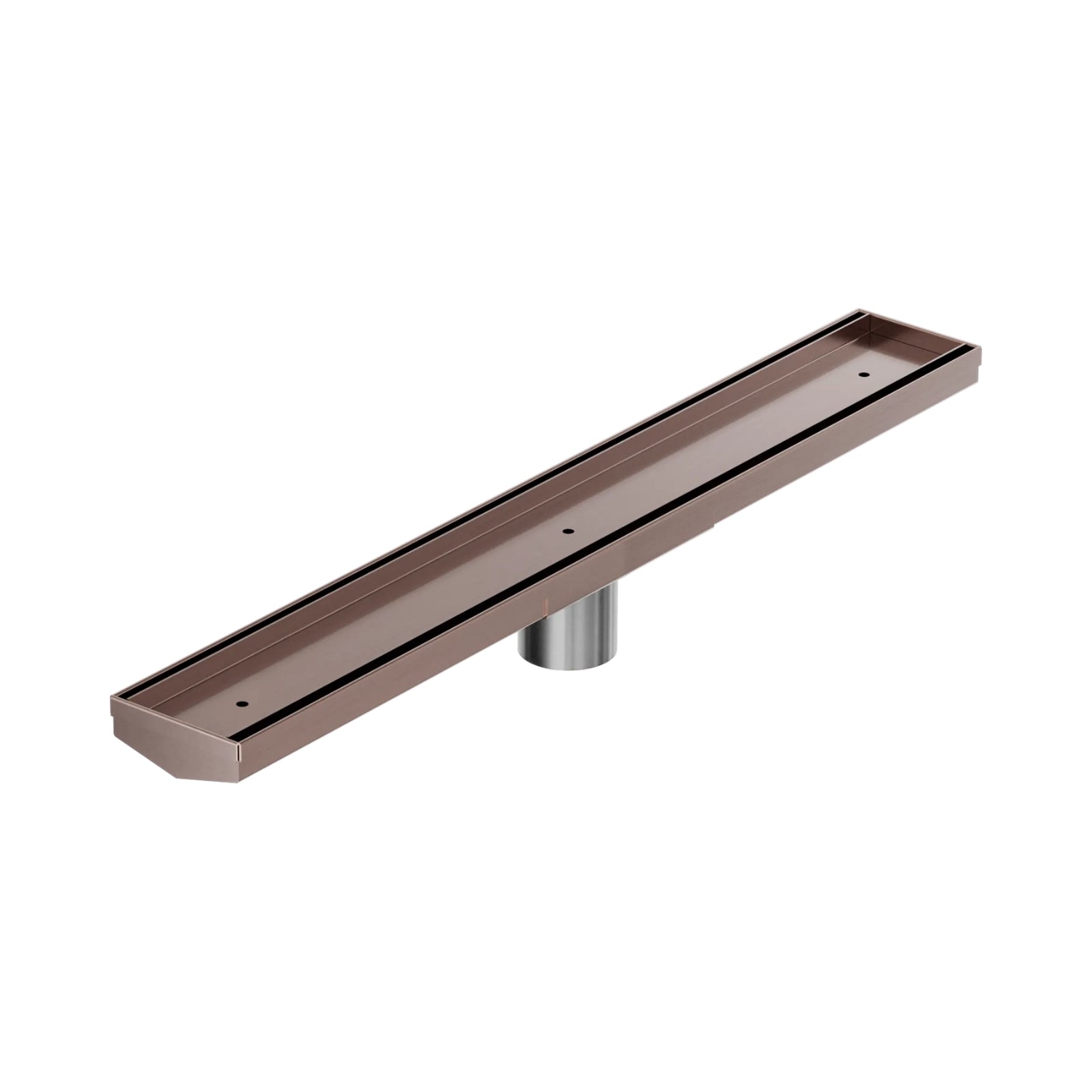 Nero brushed bronze tile insert V channel floor grate, 600mm, with 50mm outlet, angled product view