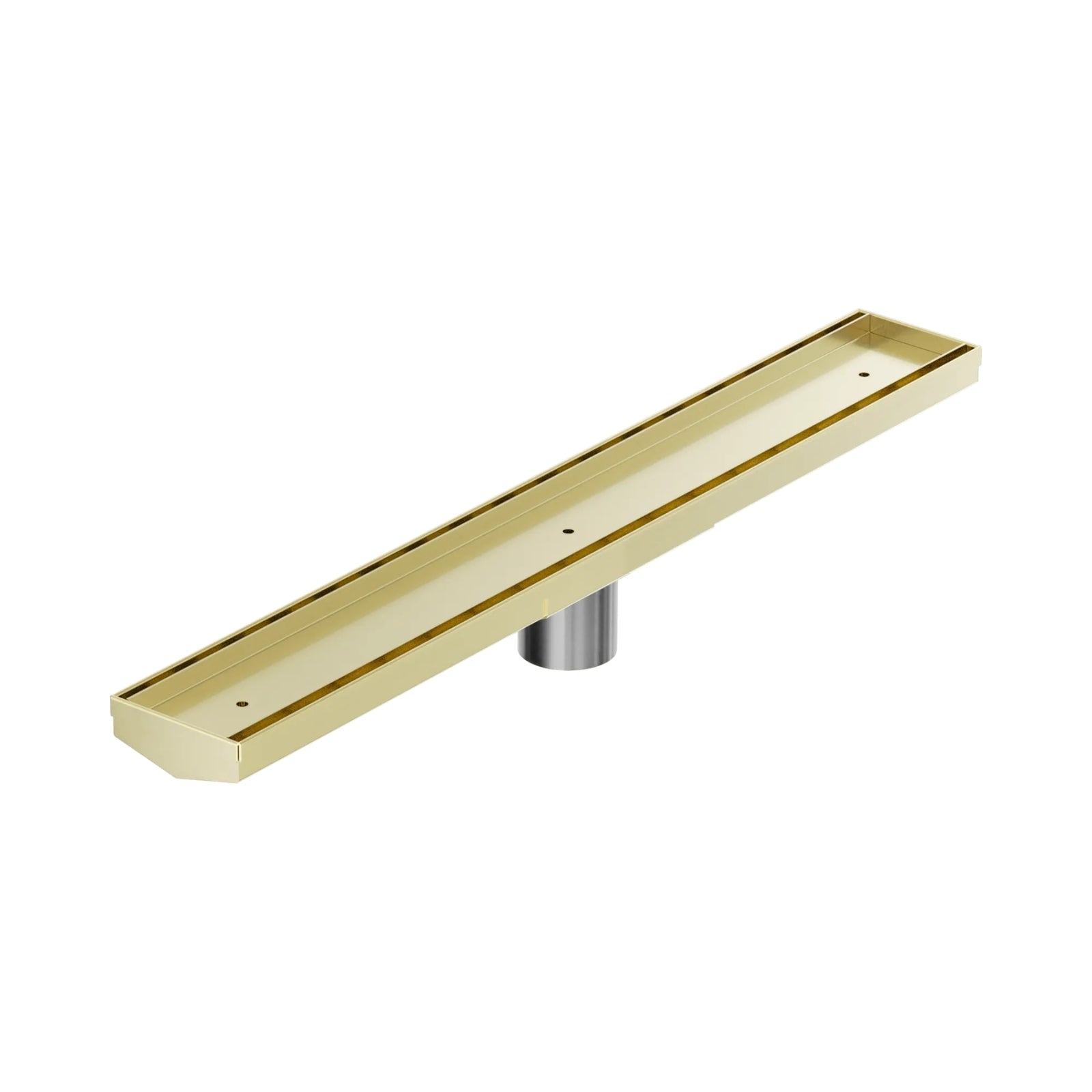 Nero brushed gold tile insert channel floor grate with 50mm outlet, 600 x 82mm, angled view