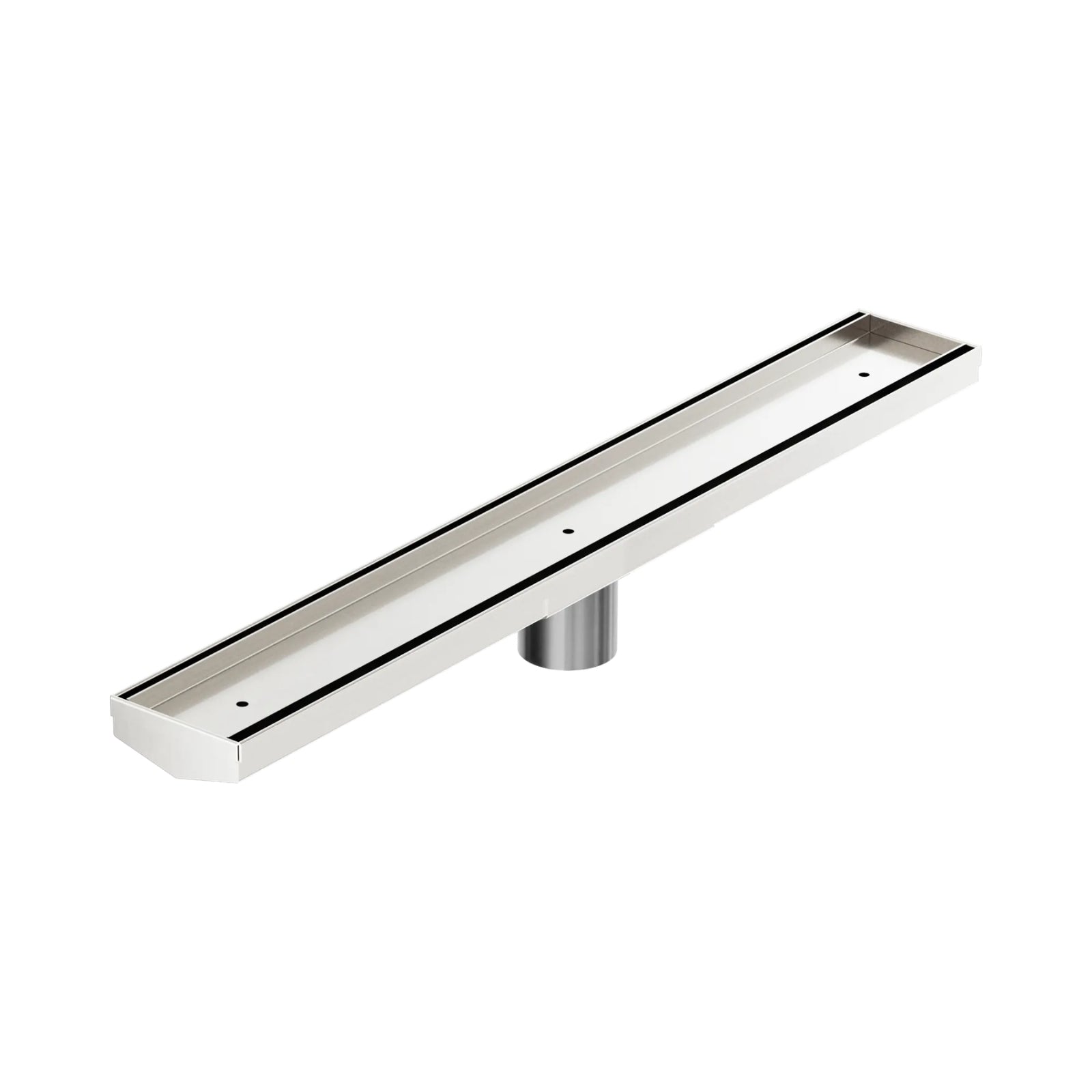 Nero brushed nickel tile insert channel floor grate with 50mm outlet, shown in angled studio view