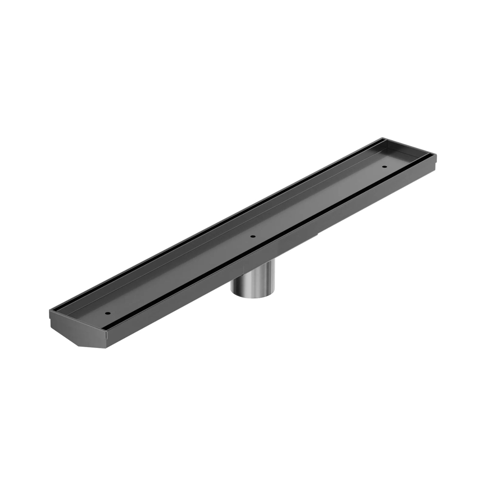 Nero gun metal tile insert V channel floor grate with 50mm outlet, shown in angled product view