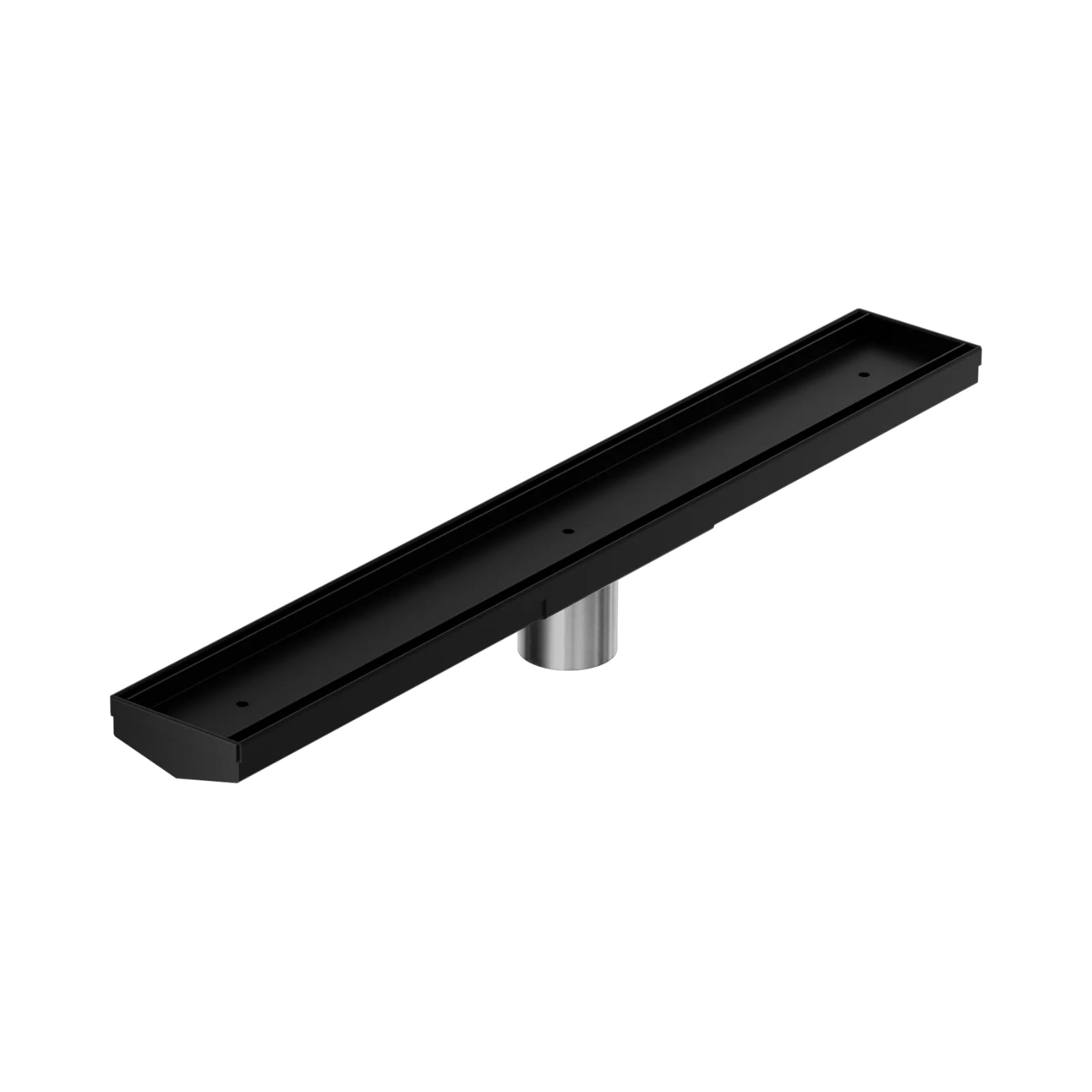 Nero matte black tile insert channel floor grate with 50mm outlet, shown in angled view
