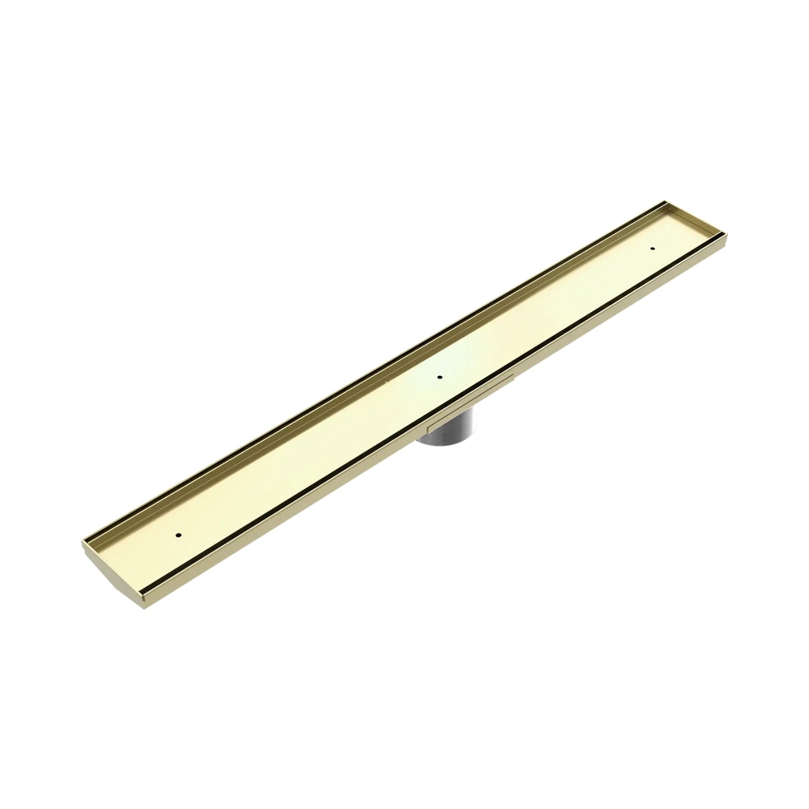 Nero tile insert V channel floor grate in brushed gold, long rectangular shower drain with 80mm outlet below