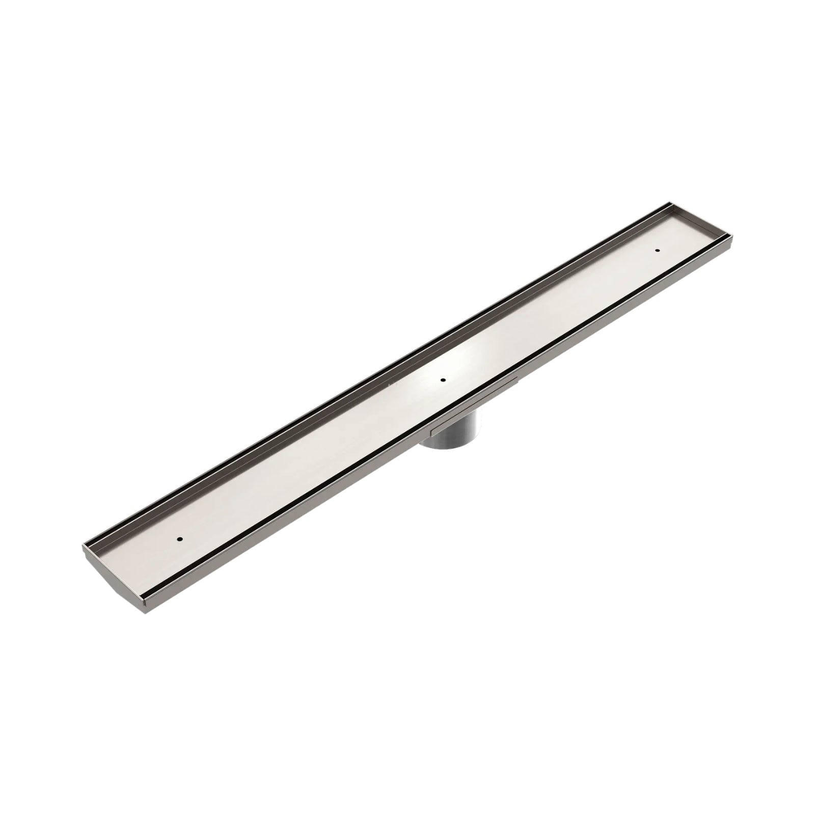 Nero brushed nickel tile insert V channel floor grate, long rectangular drain with stainless steel finish on white background