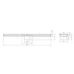 Nero tile insert V channel floor grate technical drawing, brushed nickel, 900 x 106mm with 80mm outlet
