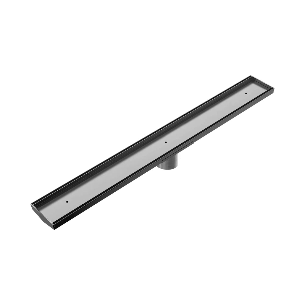 Nero gun metal tile insert floor grate with V channel and 80mm outlet, angled on white background