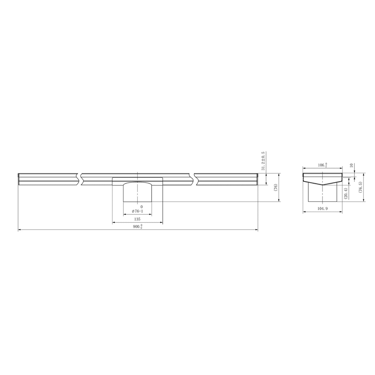 Nero Tile Insert V Channel floor grate technical drawing, 900x106mm, gun metal, 80mm outlet, side and front dimensions shown