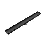 Nero Tile Insert V Channel floor grate in matte black, angled view with 80mm outlet