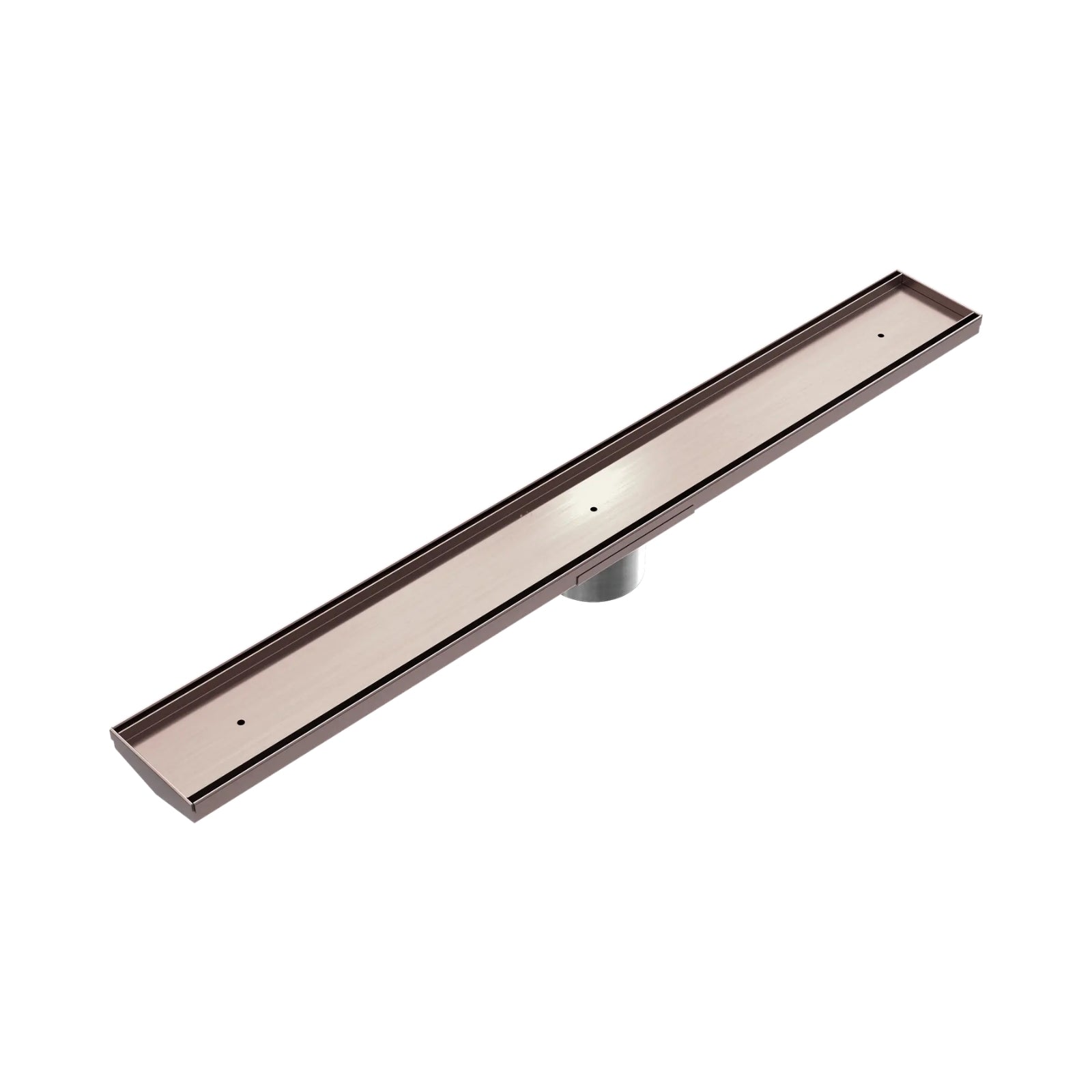 Nero Tile Insert V channel floor grate in brushed bronze, 900mm long, shown on white background with outlet visible