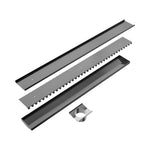 Nero Tile Insert V channel floor grate and outlet in gun metal, shown as separate pieces on white background