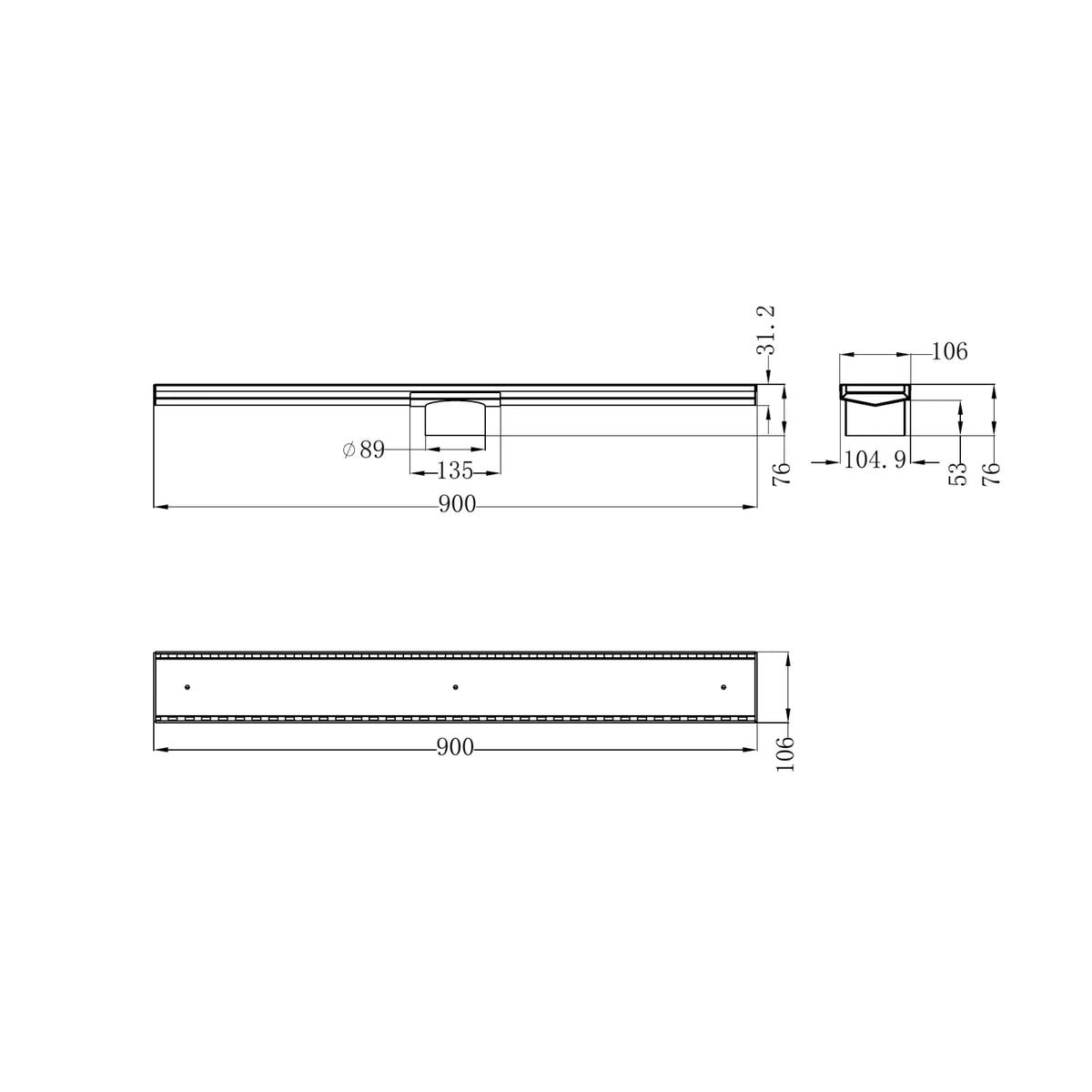 Technical drawing of a Nero tile insert channel floor grate, 900 x 106mm, gun metal, with 89mm outlet dimensions shown