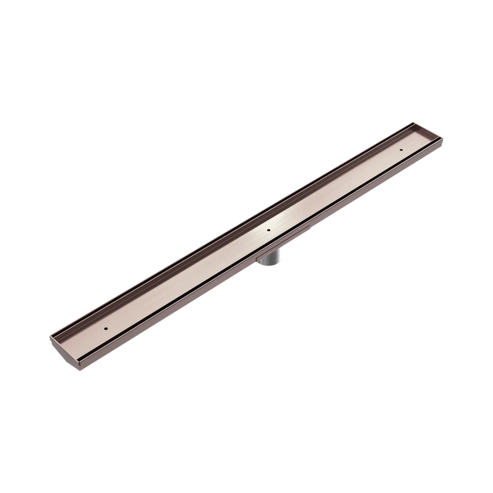 Nero Tile Insert V channel floor grate in brushed bronze, 900 x 82mm, with 50mm outlet, shown on white background