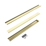 Nero brushed gold tile insert V channel floor grate and separate 50mm outlet shown in exploded view