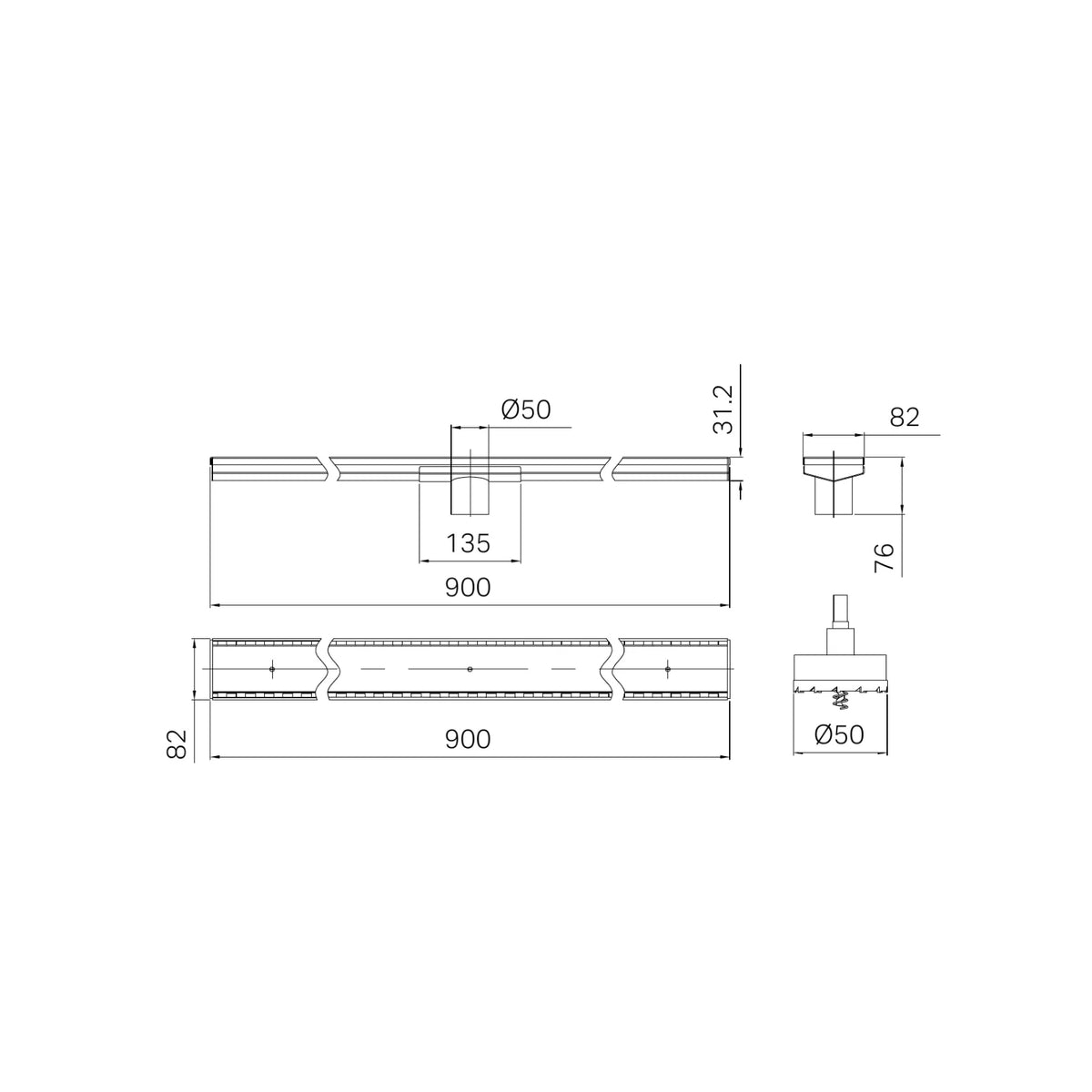 Technical drawing of Nero Tile Insert V Channel floor grate, showing 900 x 82mm dimensions and 50mm outlet in brushed gold