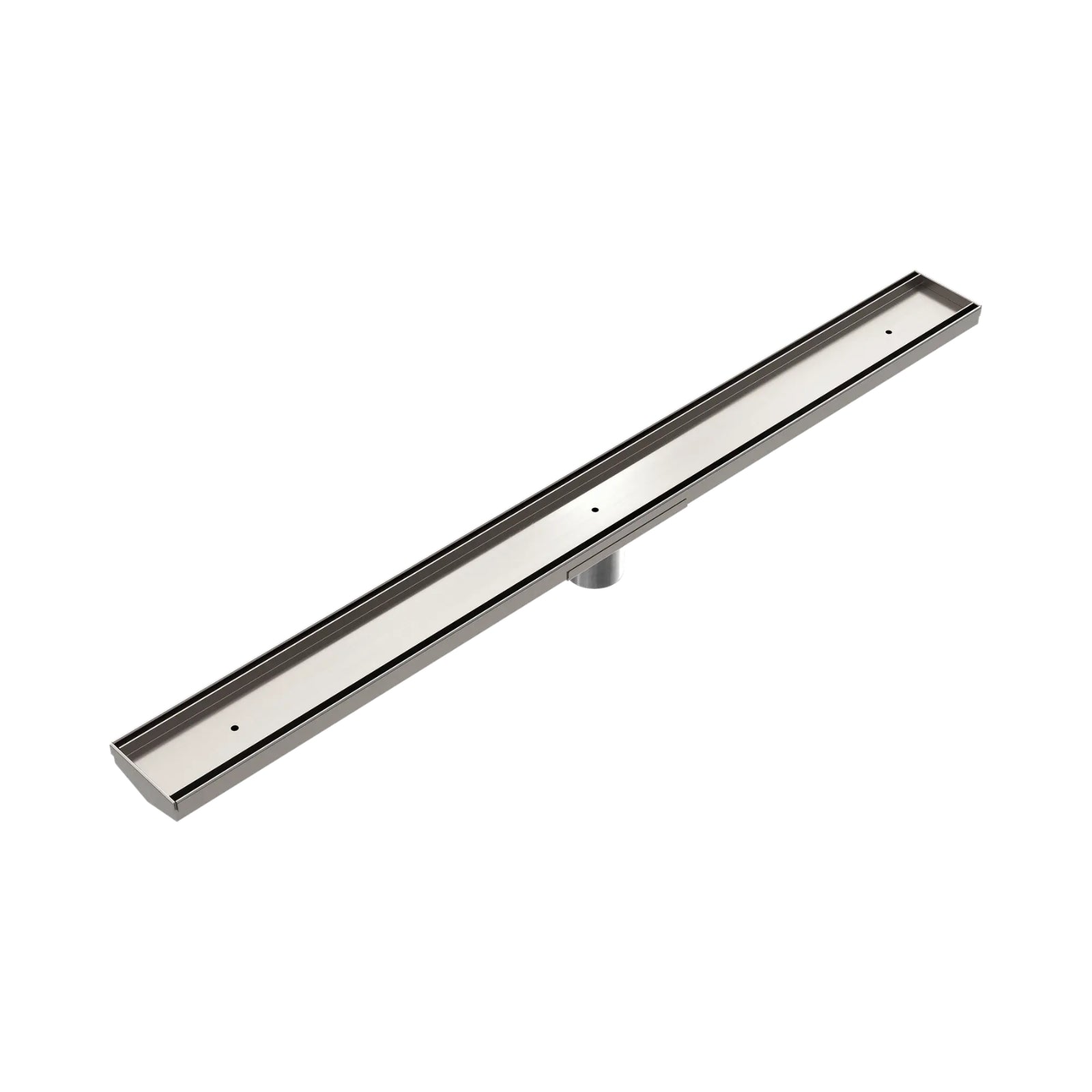 Nero Tile Insert V channel floor grate in brushed nickel, 900mm long with 50mm outlet, angled on white background