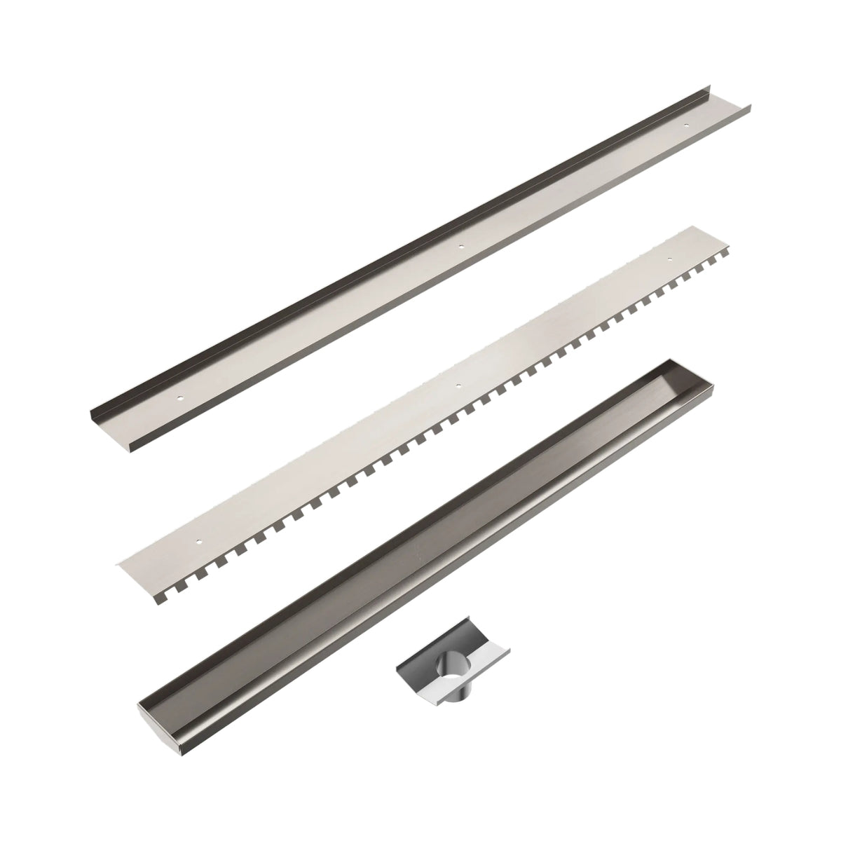 Nero brushed nickel tile insert V channel floor grate 900mm with 50mm outlet and separate outlet piece