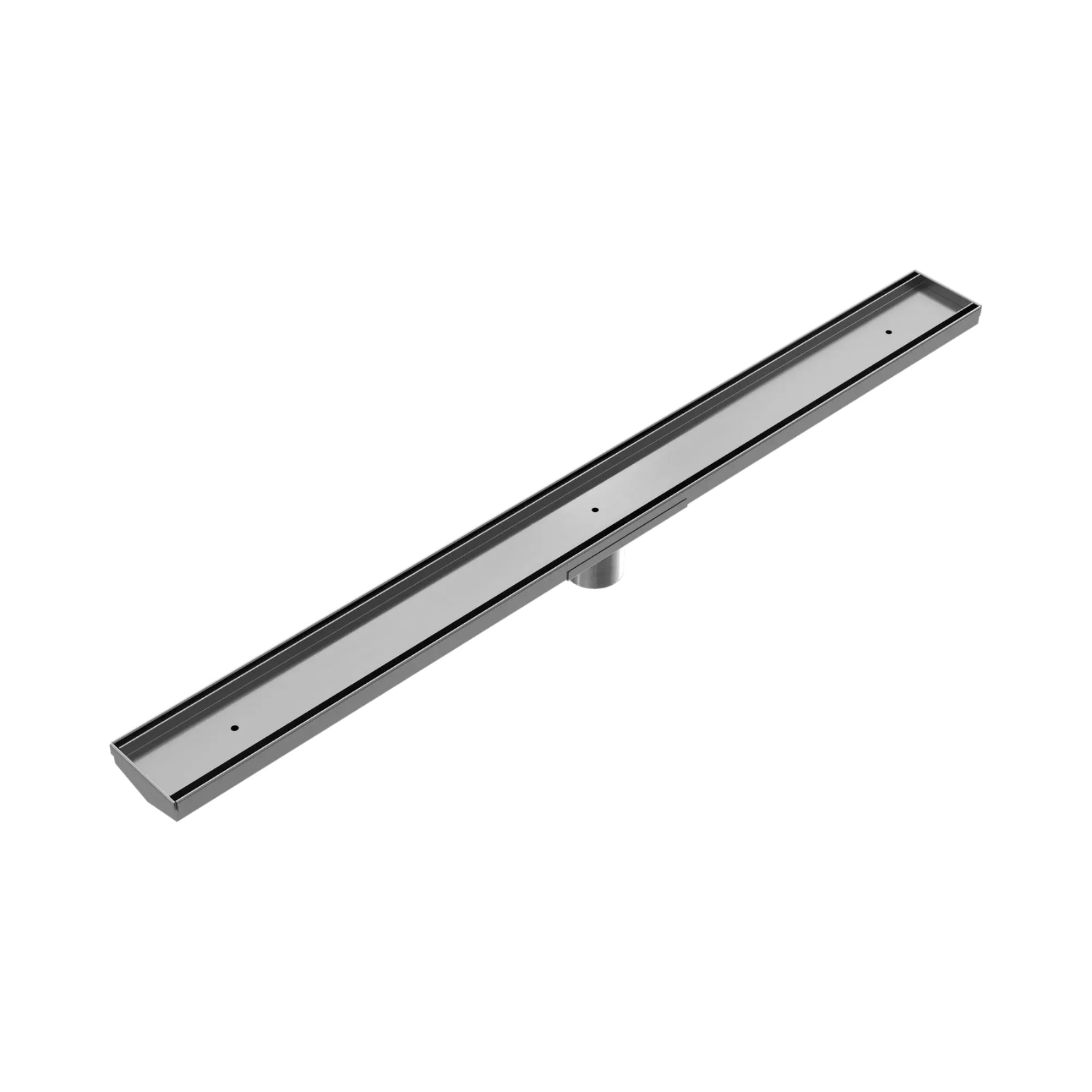 Nero Tile Insert V channel floor grate in gun metal, long rectangular stainless steel drain with 50mm outlet, angled view