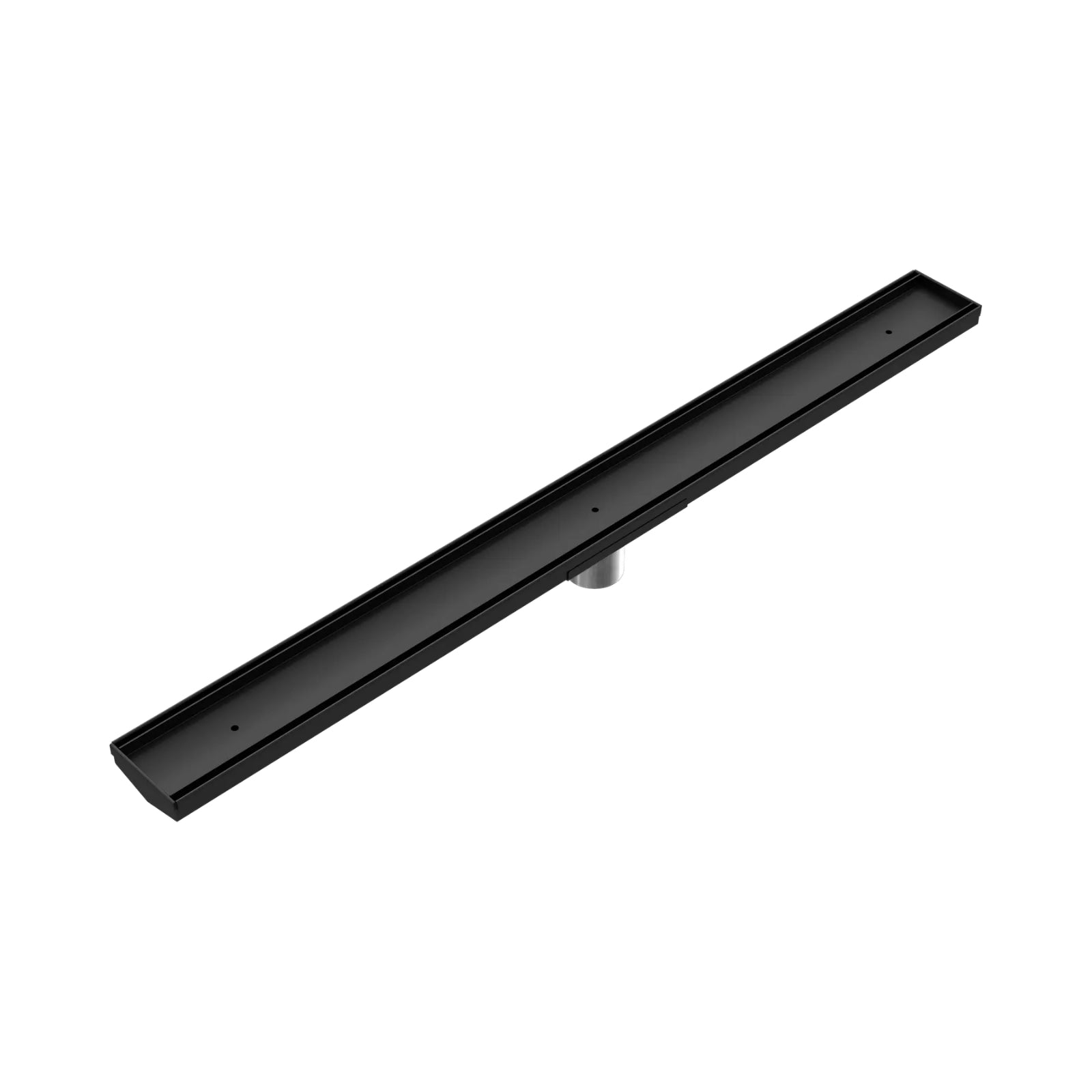 Nero matte black tile insert channel floor grate with 50mm outlet, shown in angled product view