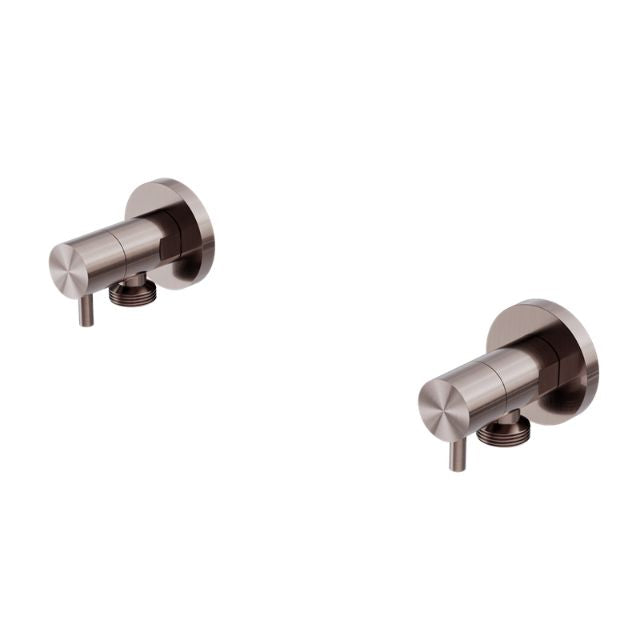 Nero washing machine tap set in brushed bronze, pair of round brass wall taps on white background