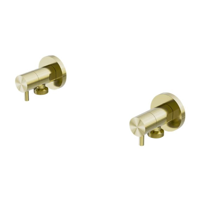 Nero washing machine tap set in brushed gold, shown as a pair of brass wall taps on a white background