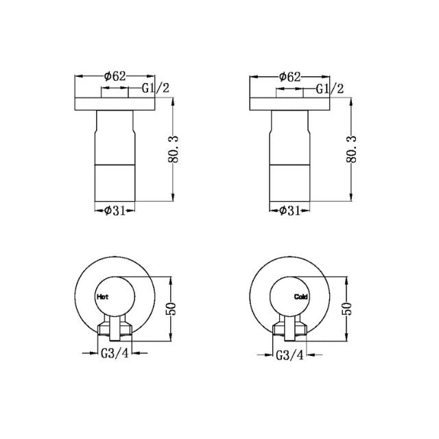 Nero Washing Machine Tap Set chrome technical drawing with hot and cold tap dimensions and connection sizes