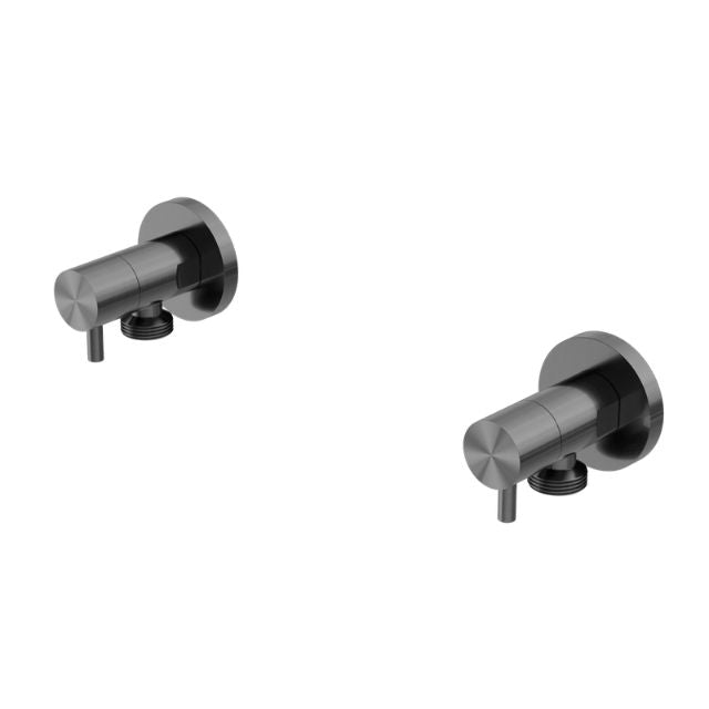 Nero gun metal washing machine tap set, pair of round brass wall taps with quarter-turn handles