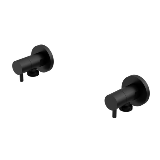 Nero washing machine tap set in matte black, shown as a pair of wall-mounted brass taps on white background