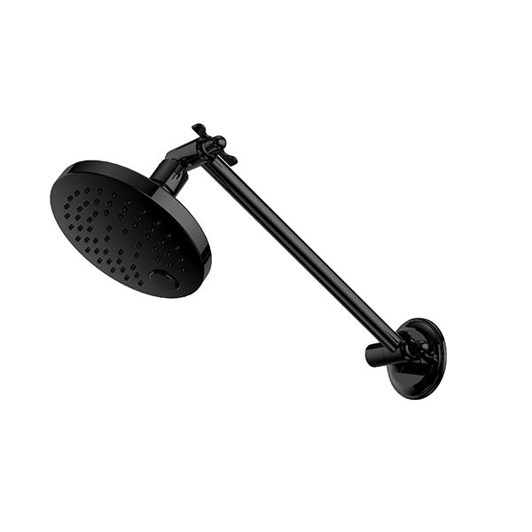 Nero X Plus all-direction shower head and arm in matte black, wall-mounted shower rose with round head